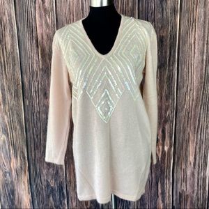 VINTAGE 80s 90's OUTLANDER Pastel Pink Lambswool Sequined Beaded Tunic Sweater